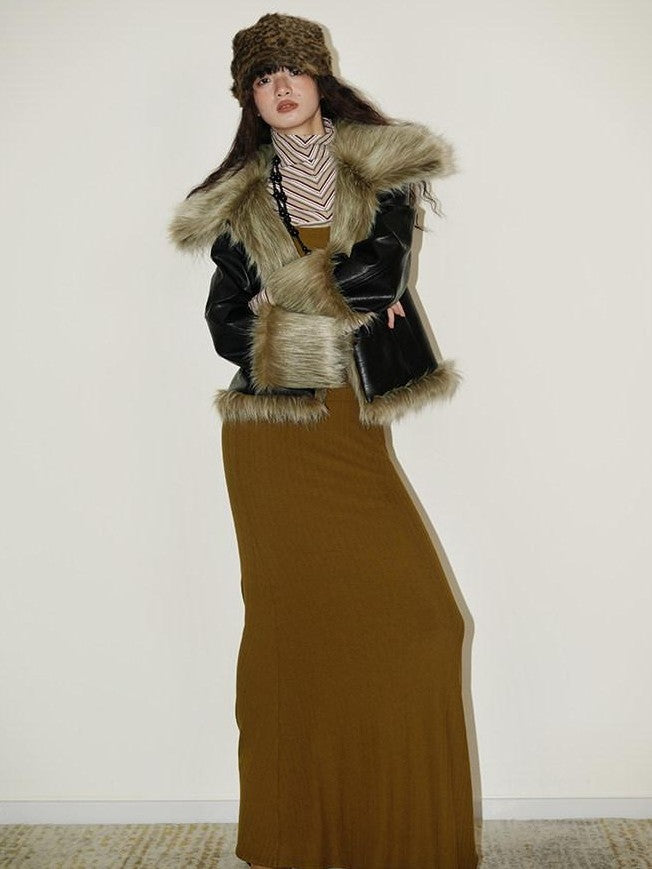 badtaste Western Patchwork Textured Fur Collar Women's Other Material Leather Jackets