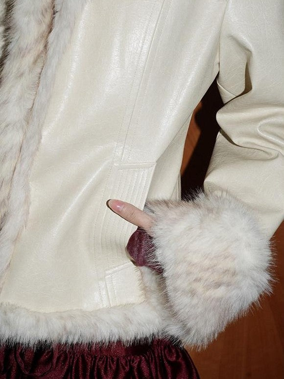 badtaste Western Patchwork Textured Fur Collar Women's Other Material Leather Jackets