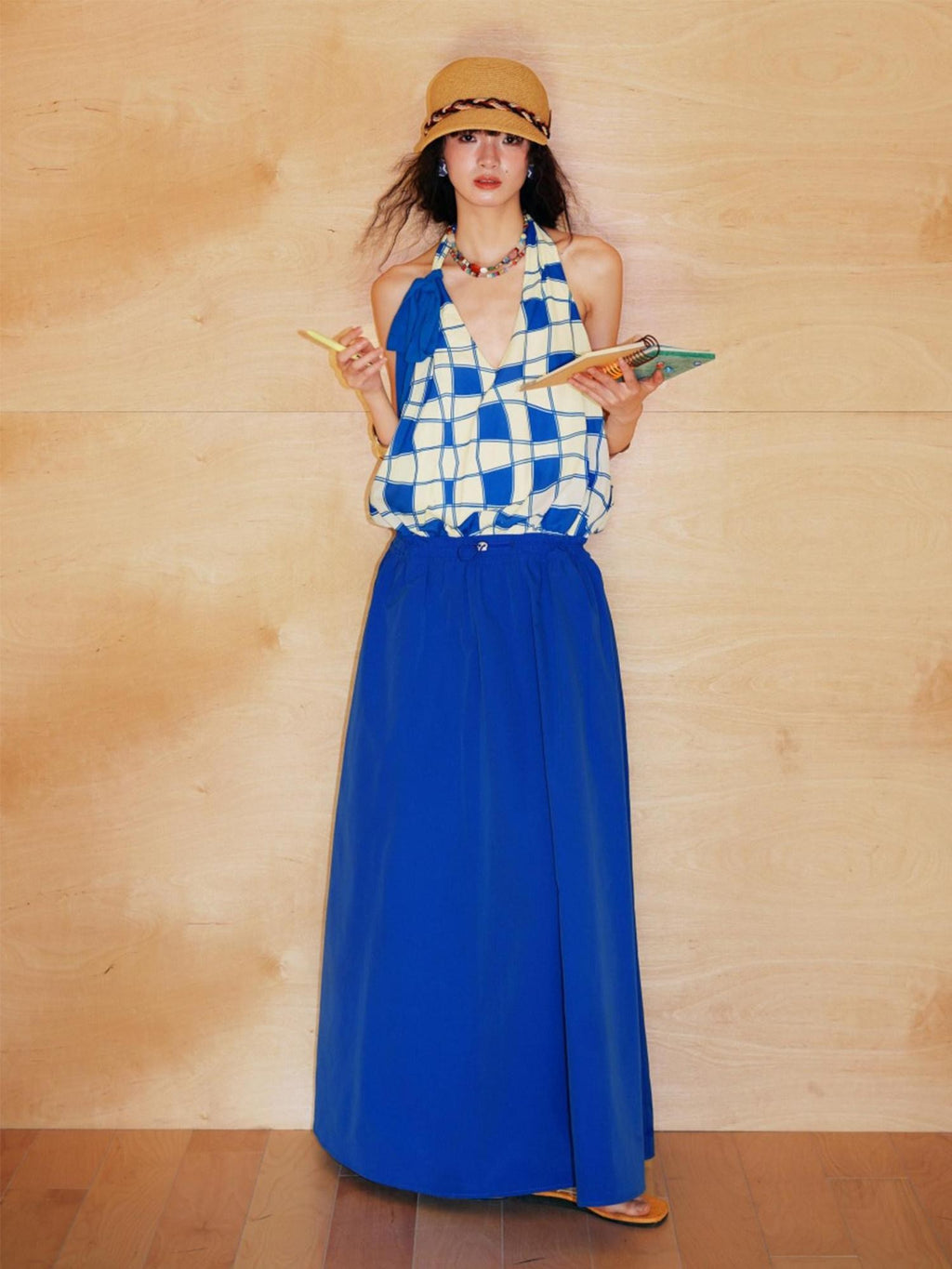 badtaste Western Plaid Print V-neck Backless Adjustable Women's Halter Maxi Dresses