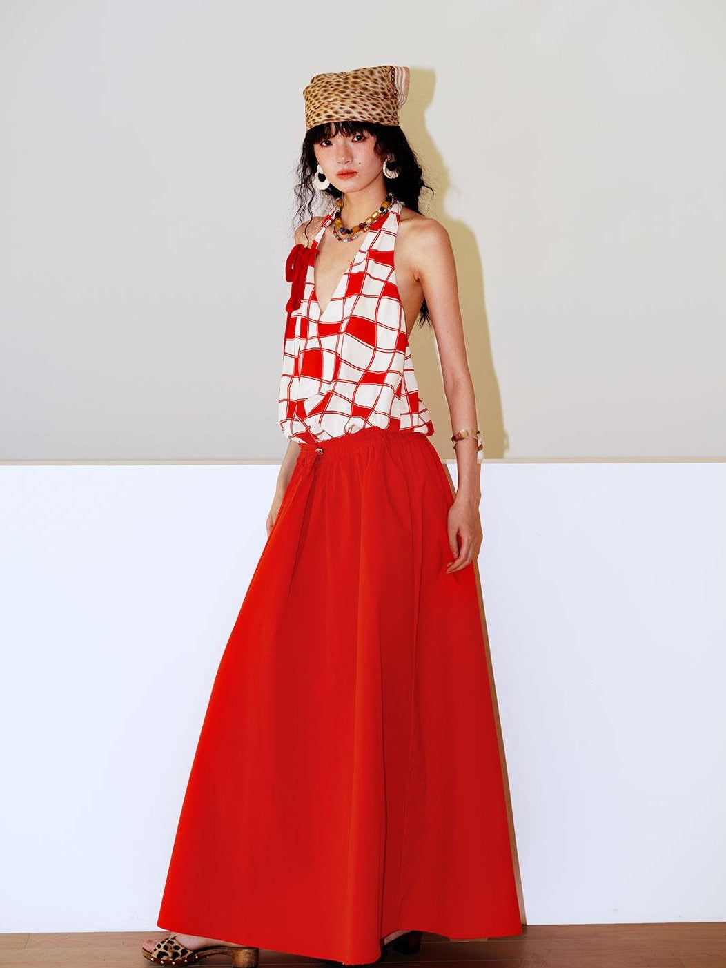 badtaste Western Plaid Print V-neck Backless Adjustable Women's Halter Maxi Dresses