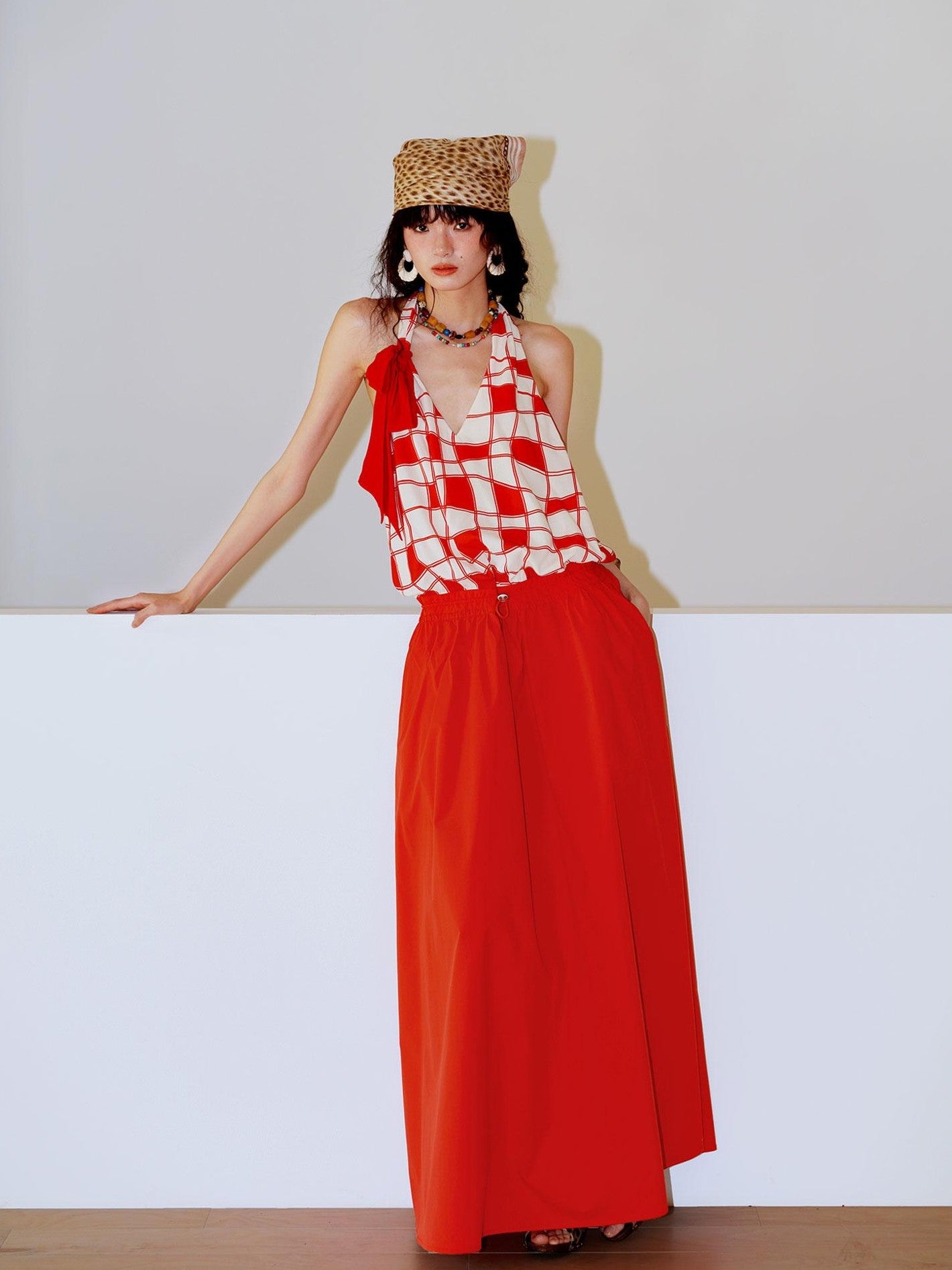 badtaste Western Plaid Print V-neck Backless Adjustable Women's Halter Maxi Dresses