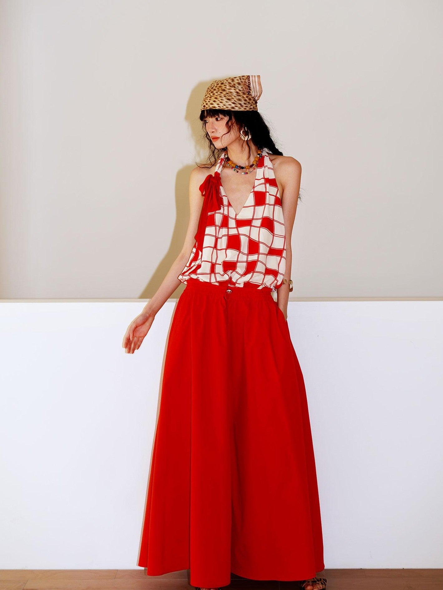 badtaste Western Plaid Print V-neck Backless Adjustable Women's Halter Maxi Dresses
