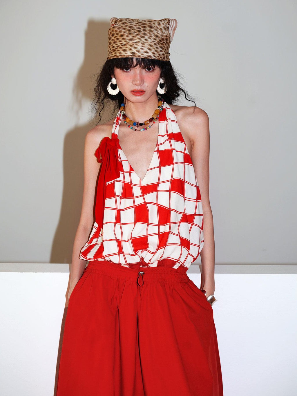 badtaste Western Plaid Print V-neck Backless Adjustable Women's Halter Maxi Dresses