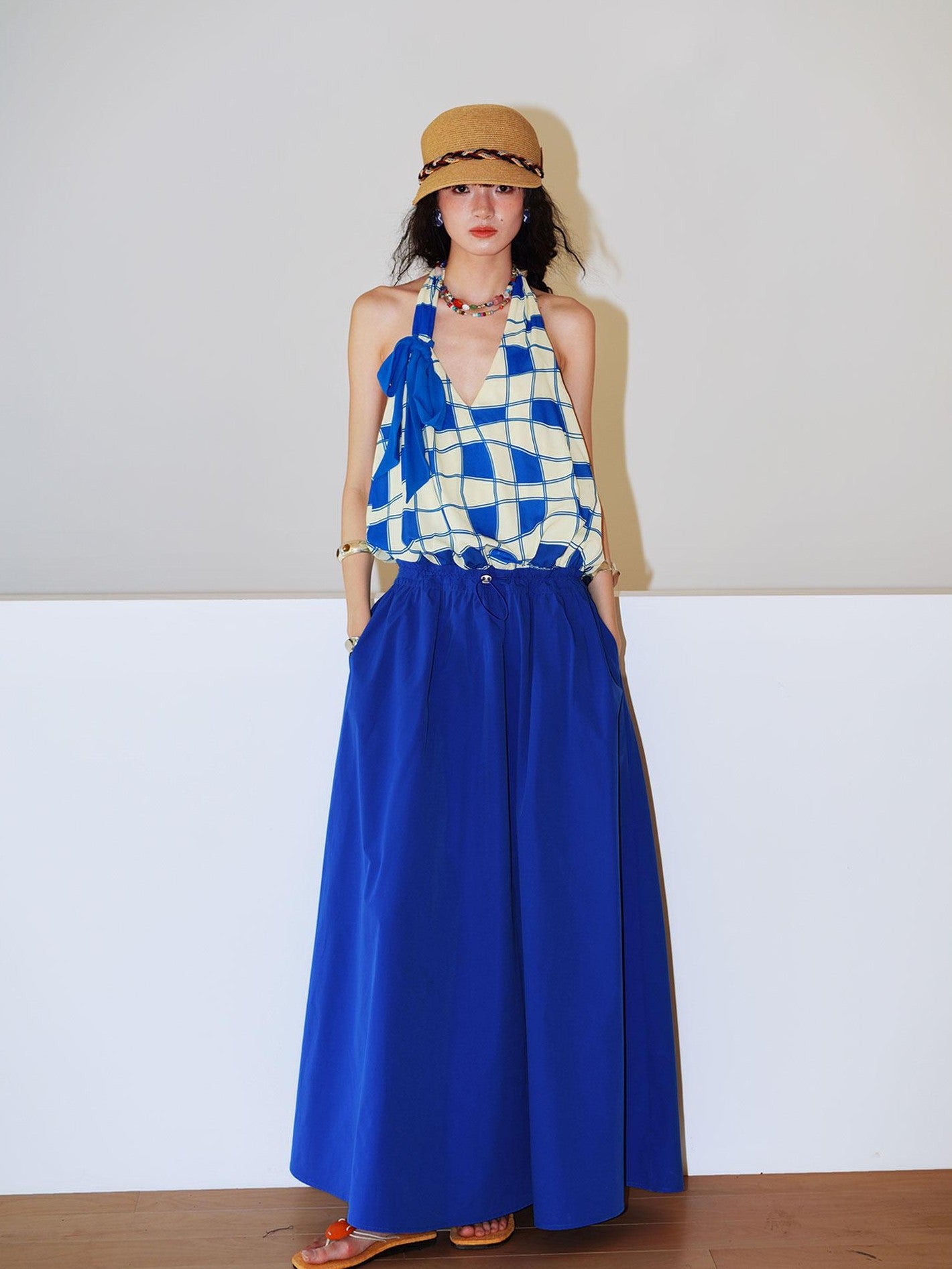 badtaste Western Plaid Print V-neck Backless Adjustable Women's Halter Maxi Dresses