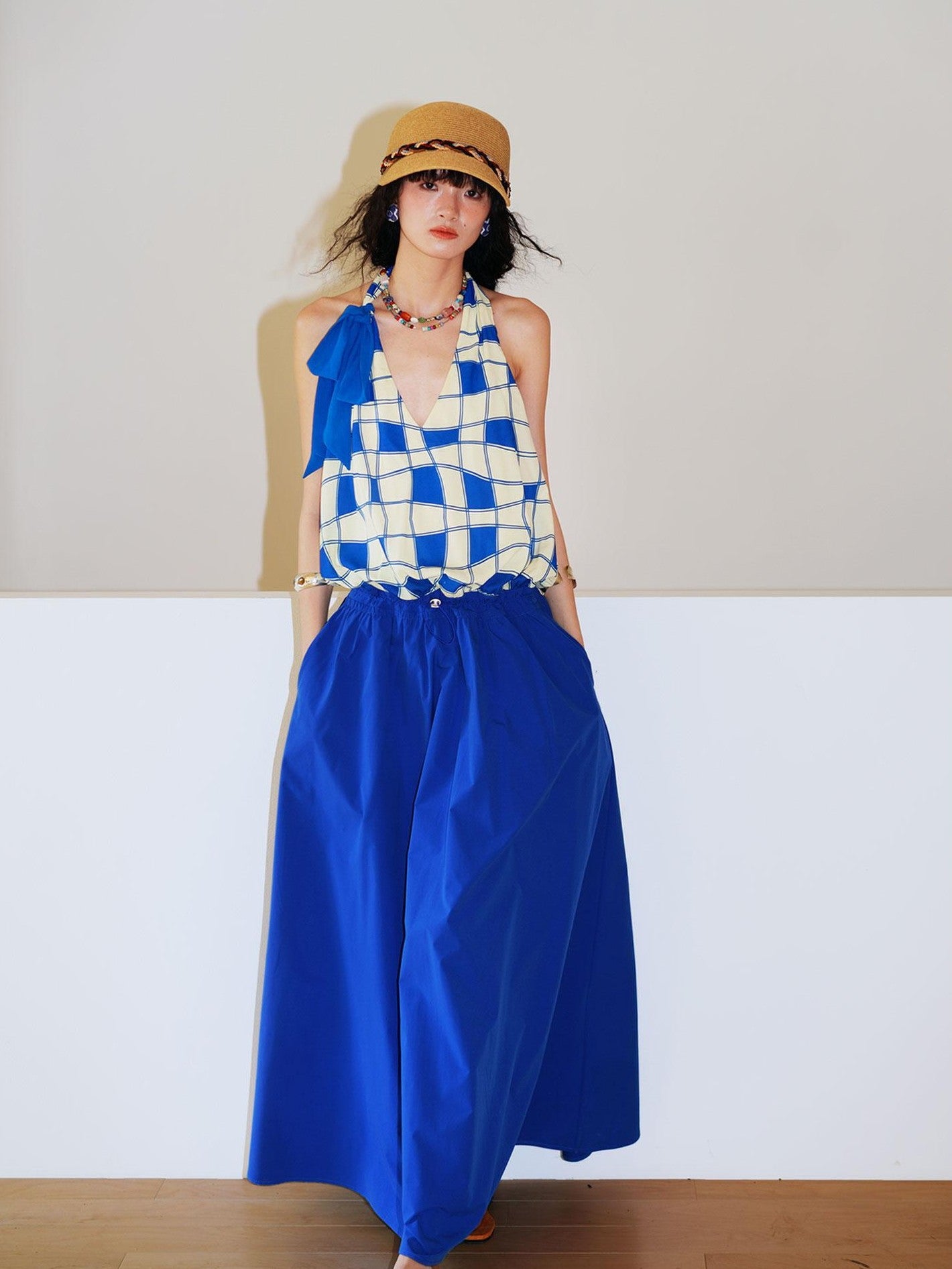 badtaste Western Plaid Print V-neck Backless Adjustable Women's Halter Maxi Dresses