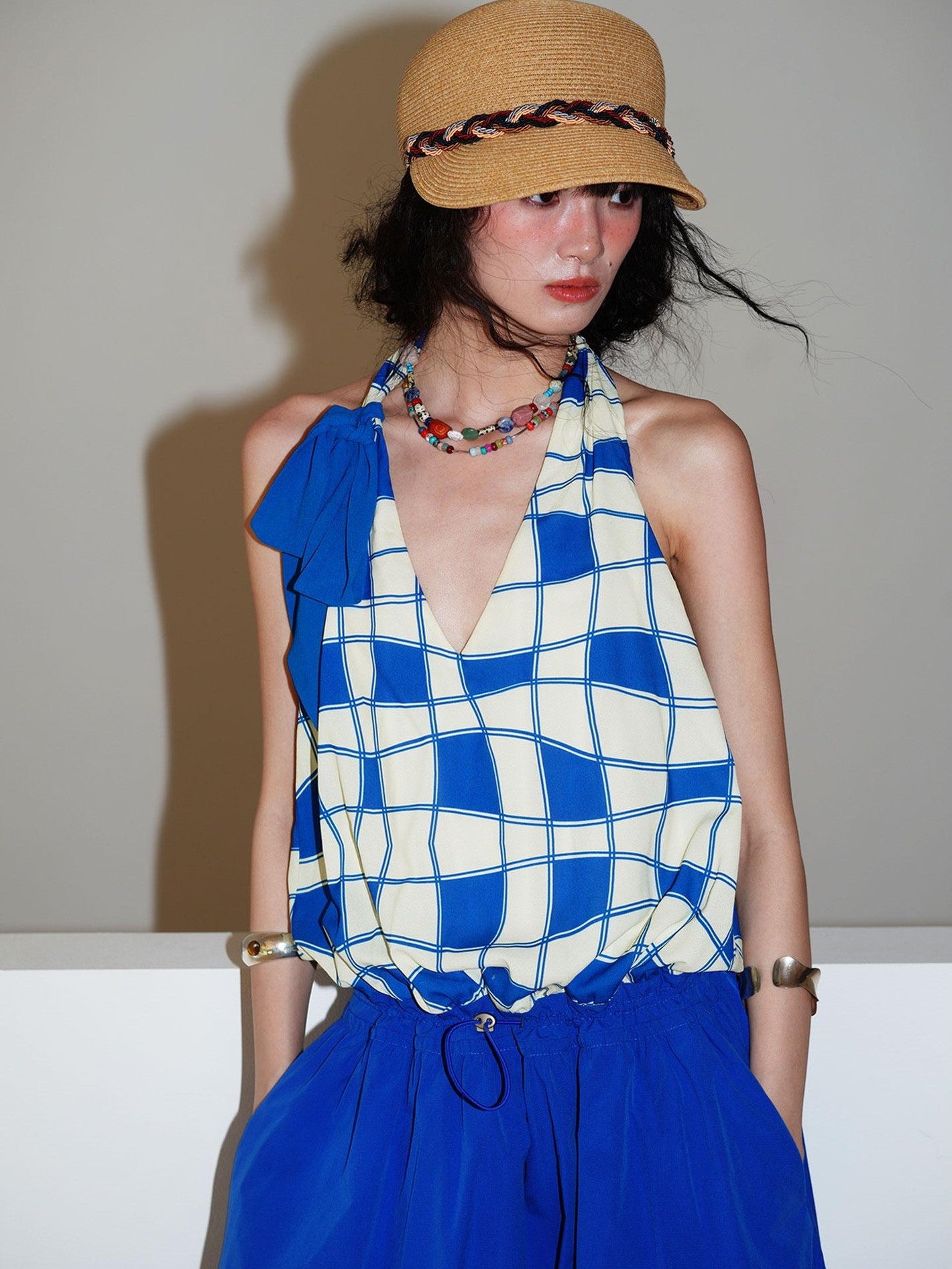 badtaste Western Plaid Print V-neck Backless Adjustable Women's Halter Maxi Dresses