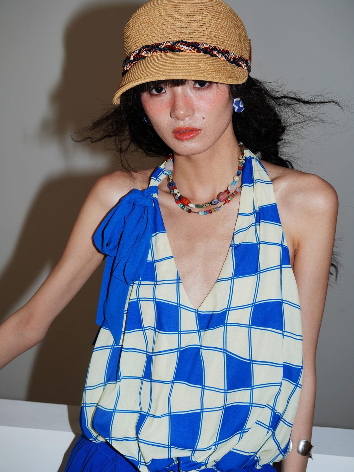 badtaste Western Plaid Print V-neck Backless Adjustable Women's Halter Maxi Dresses