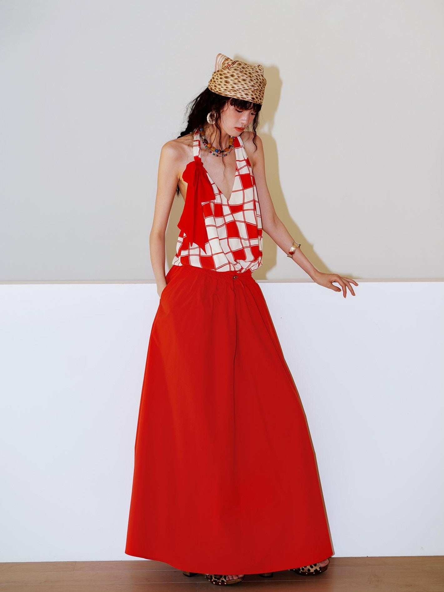 badtaste Western Plaid Print V-neck Backless Adjustable Women's Halter Maxi Dresses