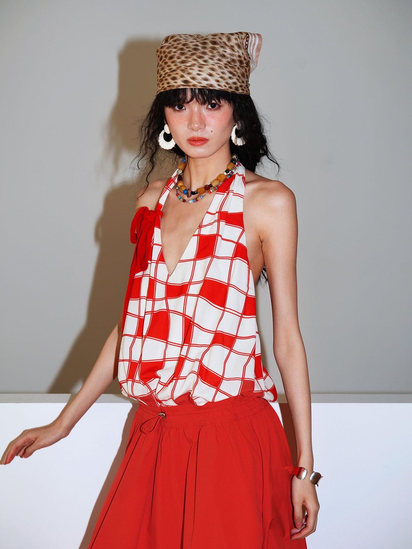badtaste Western Plaid Print V-neck Backless Adjustable Women's Halter Maxi Dresses