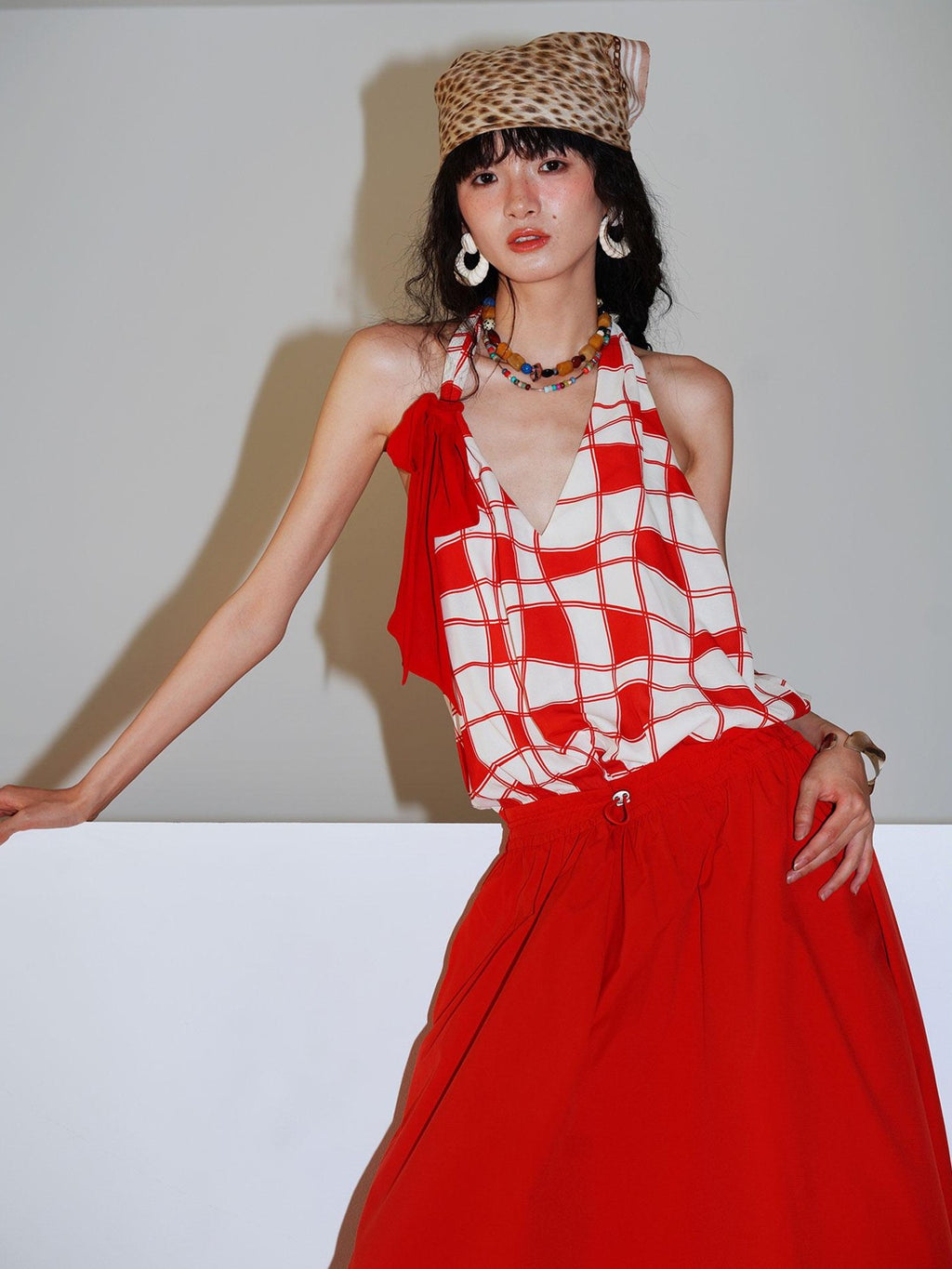 badtaste Western Plaid Print V-neck Backless Adjustable Women's Halter Maxi Dresses