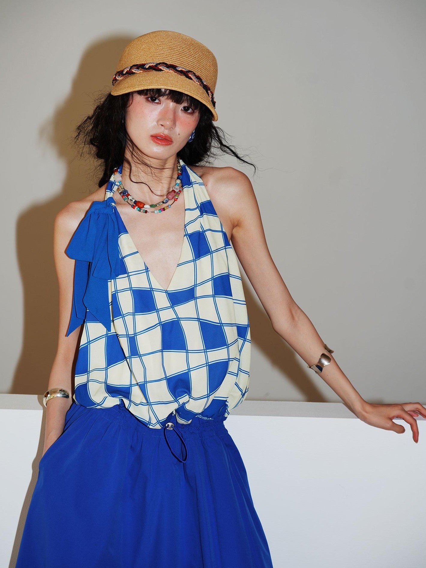 badtaste Western Plaid Print V-neck Backless Adjustable Women's Halter Maxi Dresses