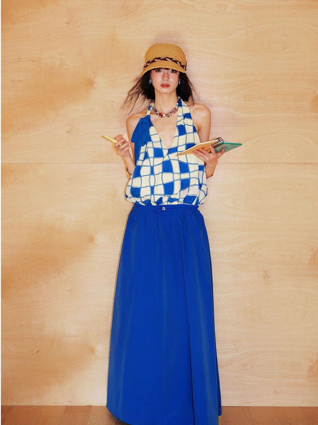 badtaste Western Plaid Print V-neck Backless Adjustable Women's Halter Maxi Dresses