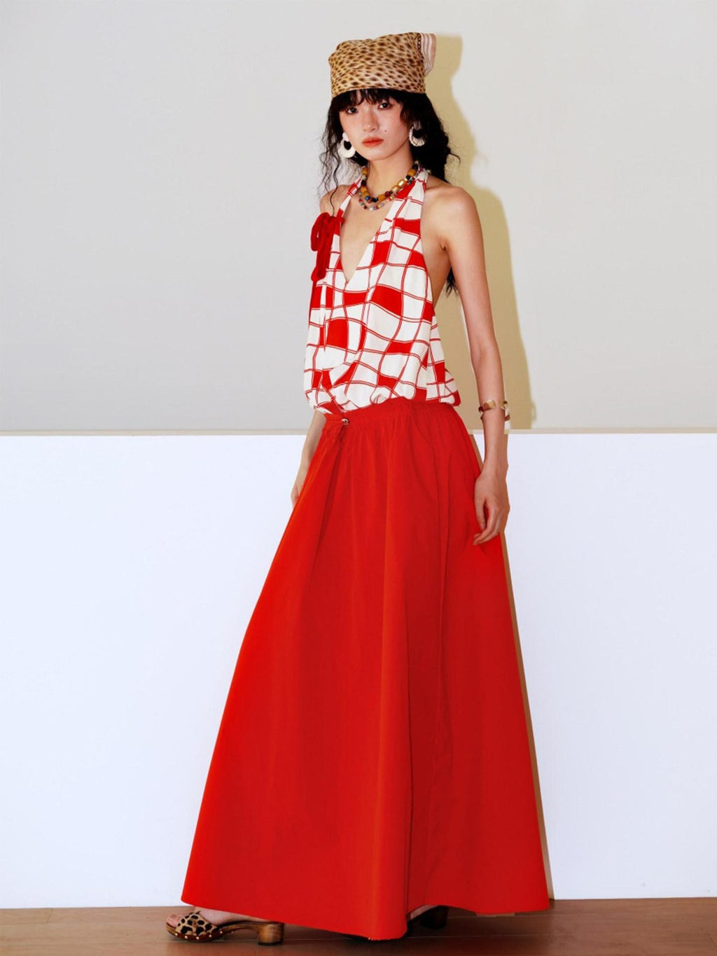 badtaste Western Plaid Print V-neck Backless Adjustable Women's Halter Maxi Dresses