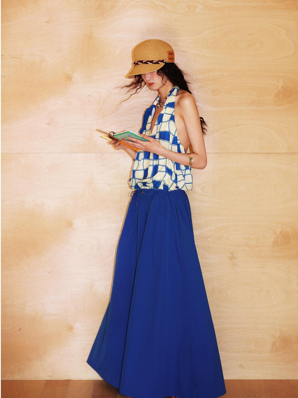 badtaste Western Plaid Print V-neck Backless Adjustable Women's Halter Maxi Dresses