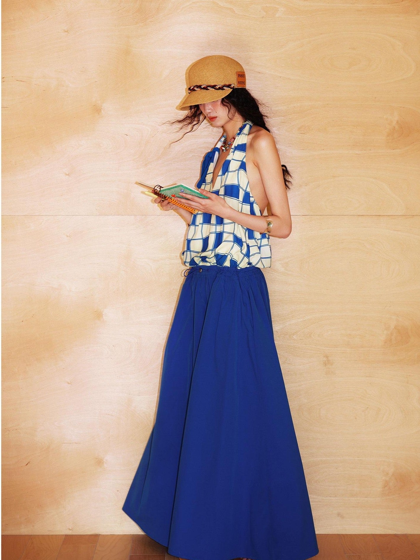badtaste Western Plaid Print V-neck Backless Adjustable Women's Halter Maxi Dresses