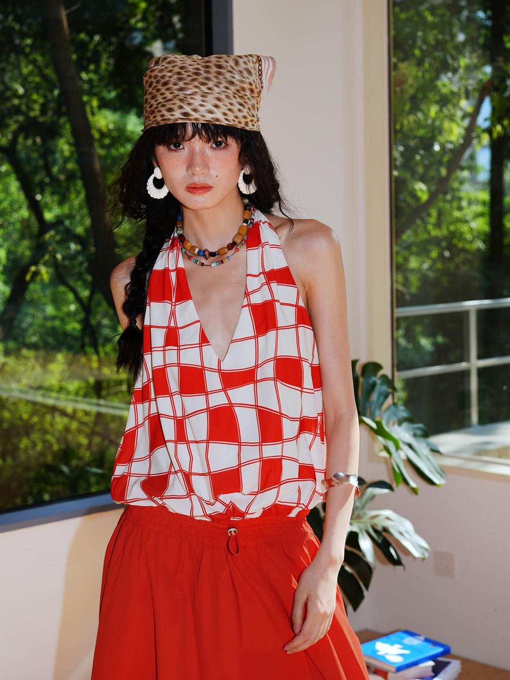 badtaste Western Plaid Print V-neck Backless Adjustable Women's Halter Maxi Dresses