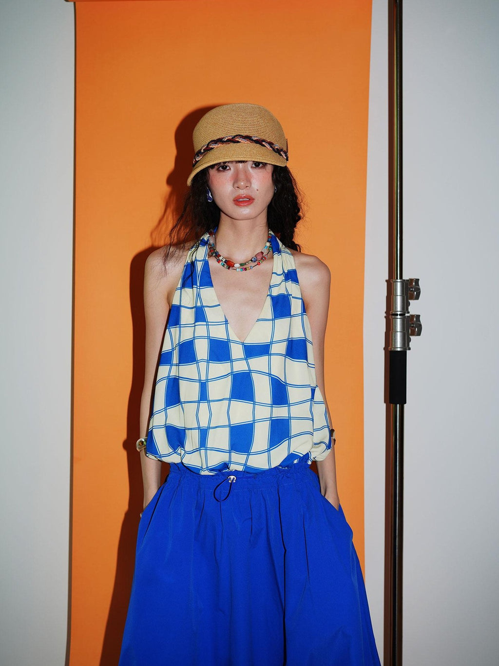 badtaste Western Plaid Print V-neck Backless Adjustable Women's Halter Maxi Dresses