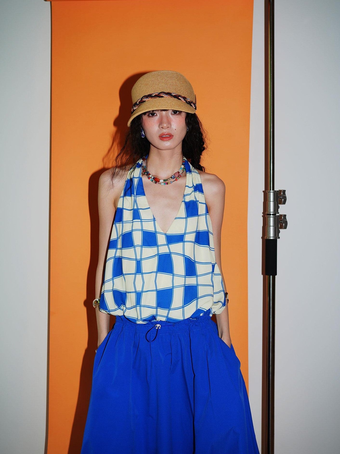 badtaste Western Plaid Print V-neck Backless Adjustable Women's Halter Maxi Dresses