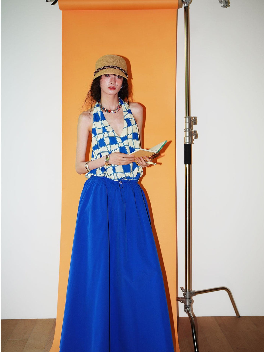 badtaste Western Plaid Print V-neck Backless Adjustable Women's Halter Maxi Dresses