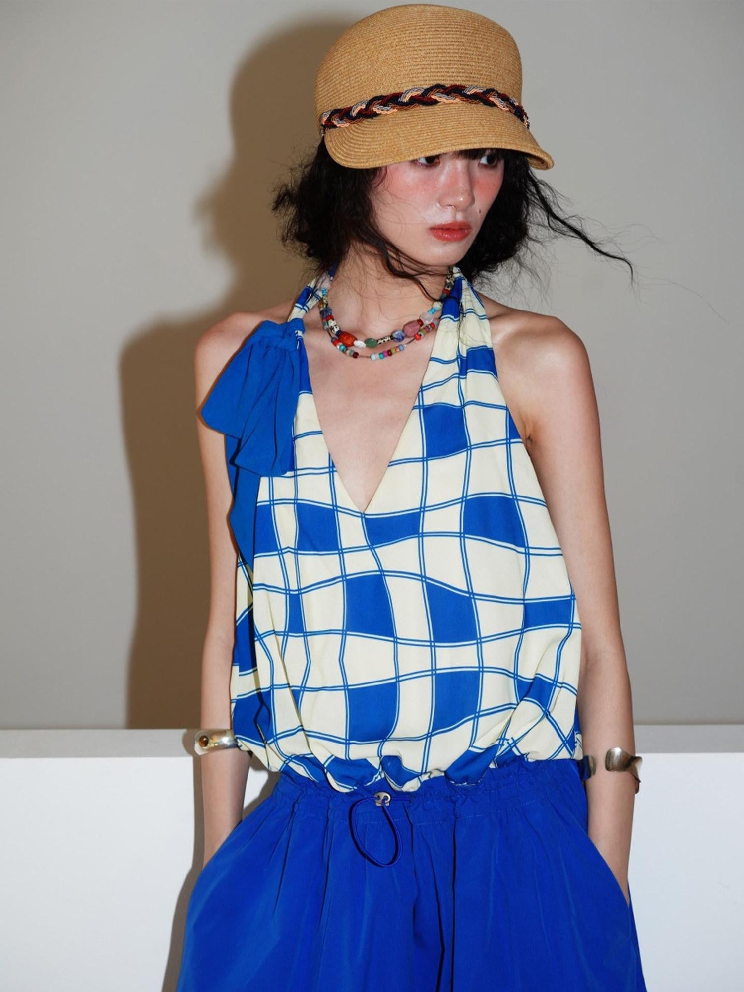 badtaste Western Plaid Print V-neck Backless Adjustable Women's Halter Maxi Dresses