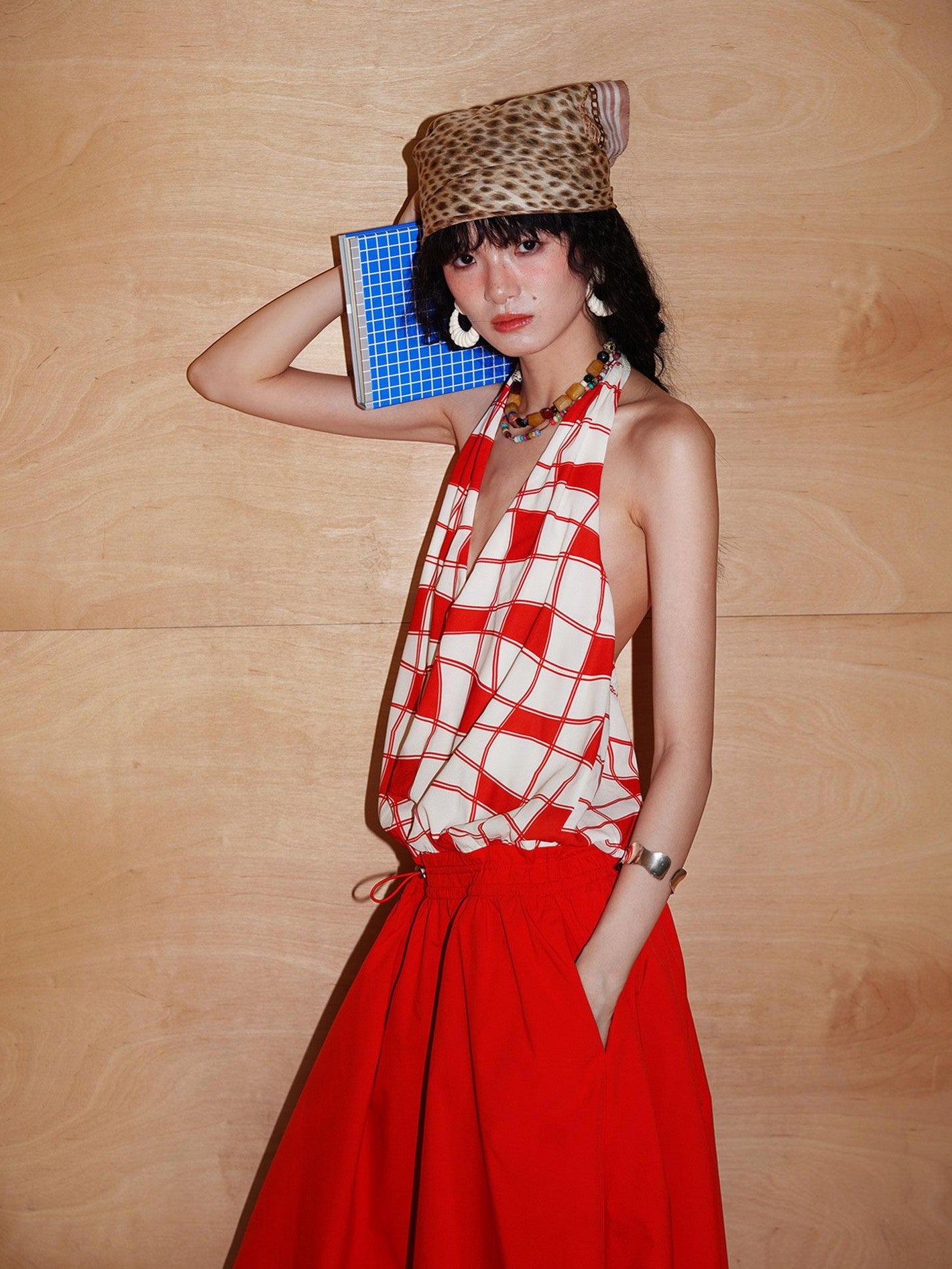 badtaste Western Plaid Print V-neck Backless Adjustable Women's Halter Maxi Dresses