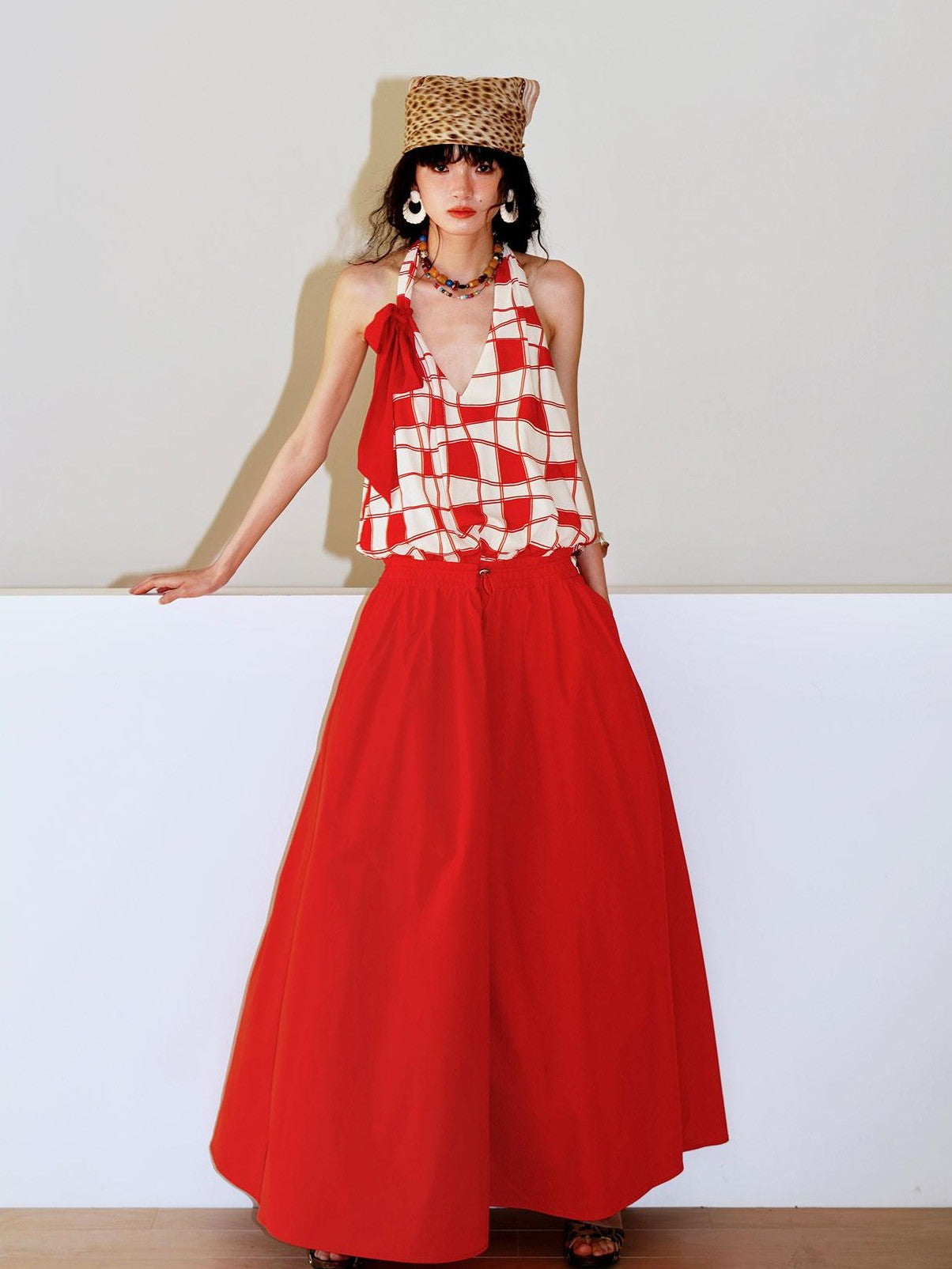 badtaste Western Plaid Print V-neck Backless Adjustable Women's Halter Maxi Dresses