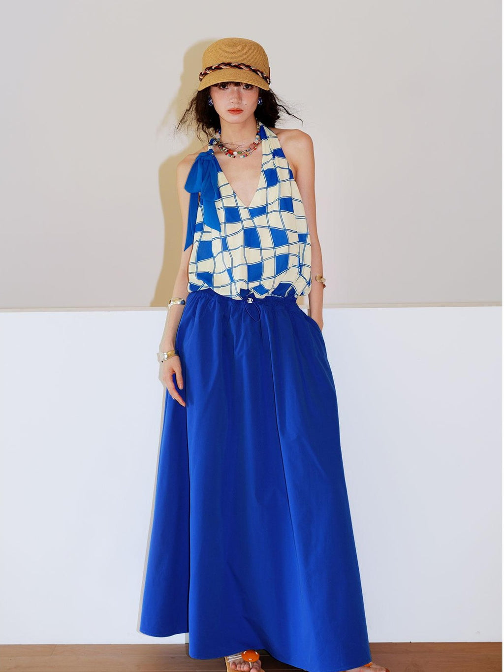 badtaste Western Plaid Print V-neck Backless Adjustable Women's Halter Maxi Dresses