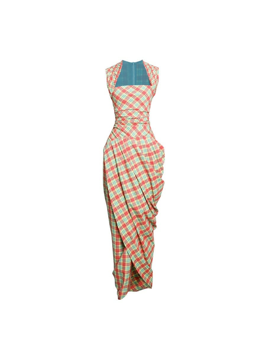 badtaste_Western_Plaid_Tailored_Pinch_Pleat_Asymmetrical_Women's_Halter_Maxi_Dresses_907952910256_MISSTT