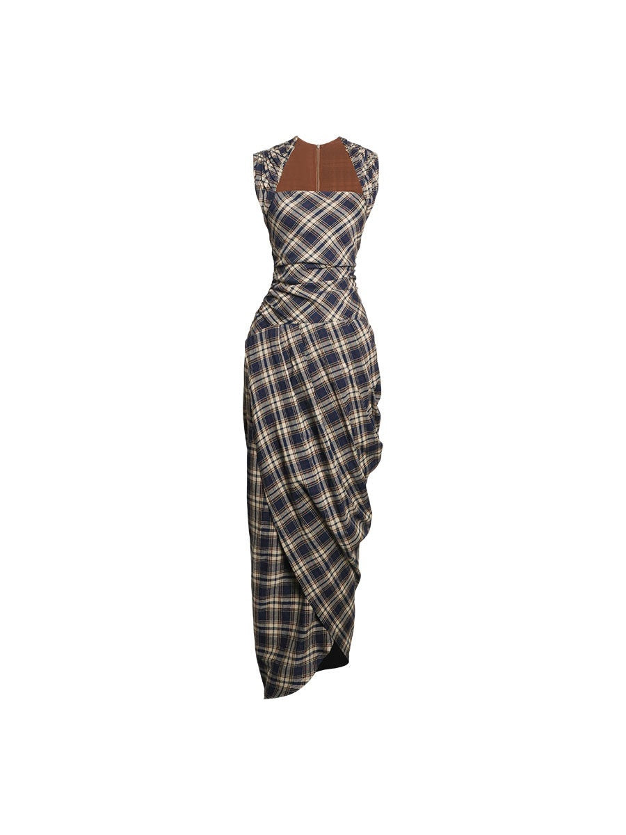 badtaste_Western_Plaid_Tailored_Pinch_Pleat_Asymmetrical_Women's_Halter_Maxi_Dresses_907952910256_MISSTT
