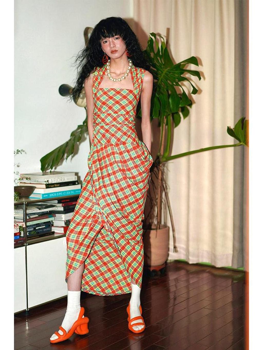 badtaste Western Plaid Tailored Pinch Pleat Asymmetrical Women's Halter Maxi Dresses