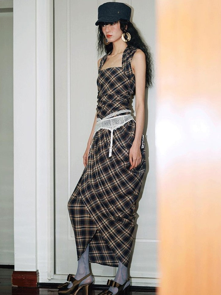badtaste Western Plaid Tailored Pinch Pleat Asymmetrical Women's Halter Maxi Dresses
