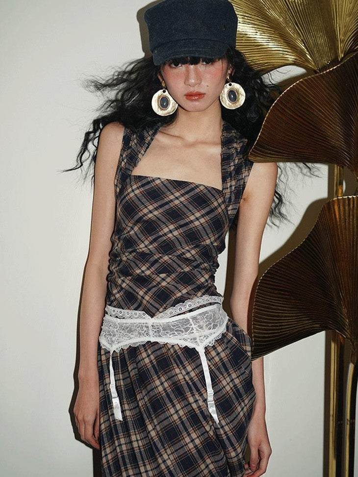 badtaste Western Plaid Tailored Pinch Pleat Asymmetrical Women's Halter Maxi Dresses