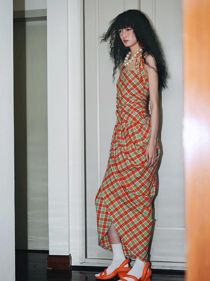 badtaste Western Plaid Tailored Pinch Pleat Asymmetrical Women's Halter Maxi Dresses