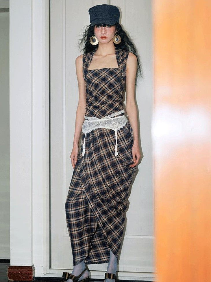 badtaste Western Plaid Tailored Pinch Pleat Asymmetrical Women's Halter Maxi Dresses