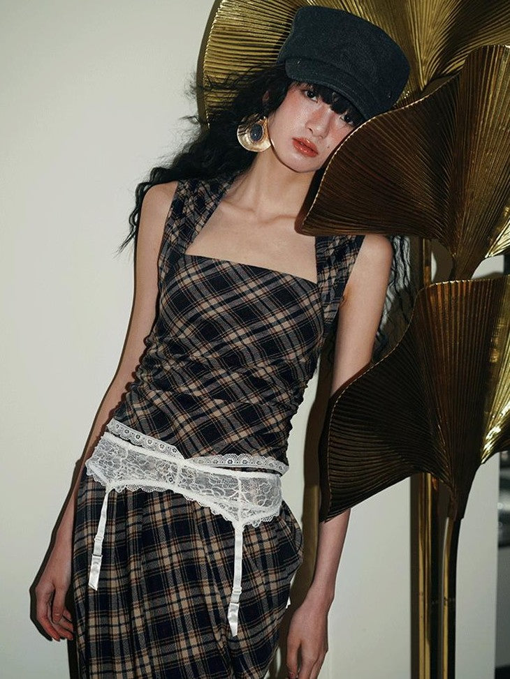 badtaste Western Plaid Tailored Pinch Pleat Asymmetrical Women's Halter Maxi Dresses
