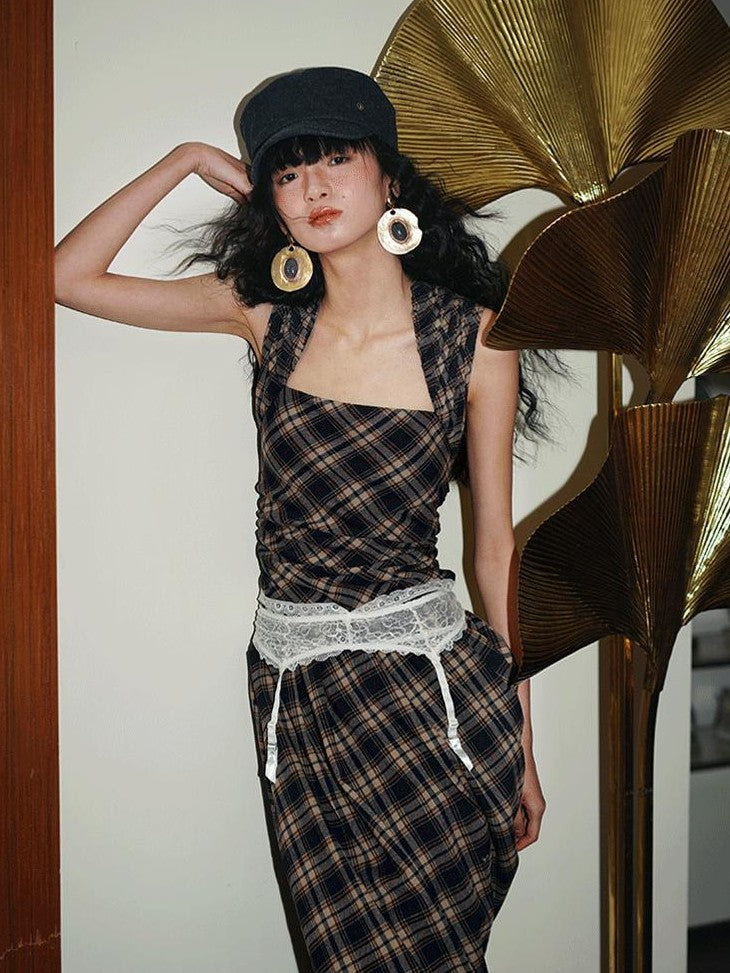 badtaste Western Plaid Tailored Pinch Pleat Asymmetrical Women's Halter Maxi Dresses