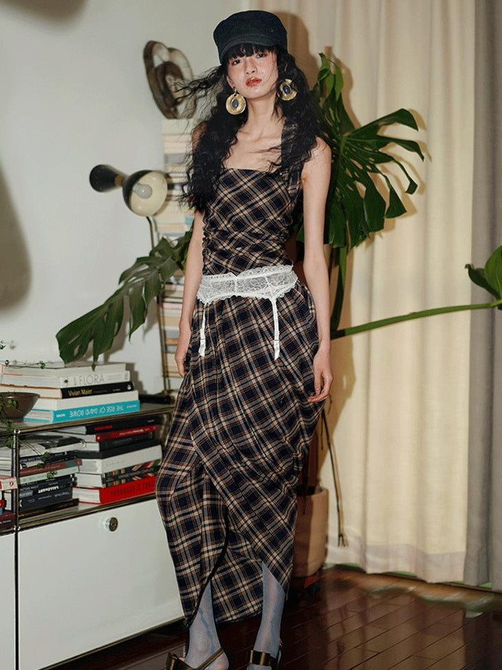 badtaste Western Plaid Tailored Pinch Pleat Asymmetrical Women's Halter Maxi Dresses