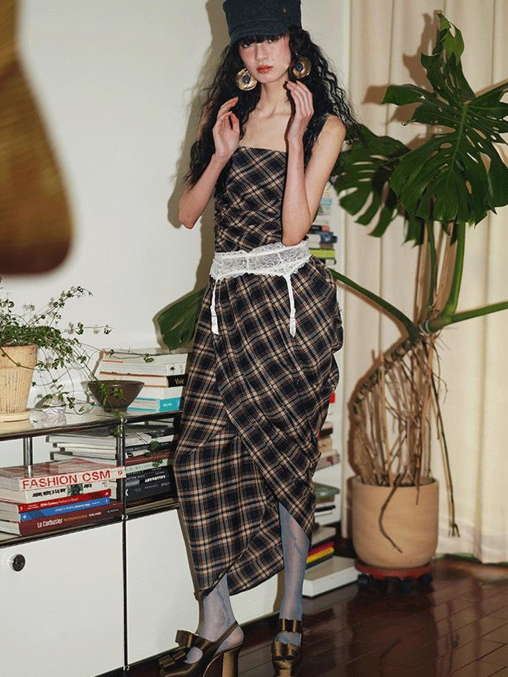 badtaste Western Plaid Tailored Pinch Pleat Asymmetrical Women's Halter Maxi Dresses
