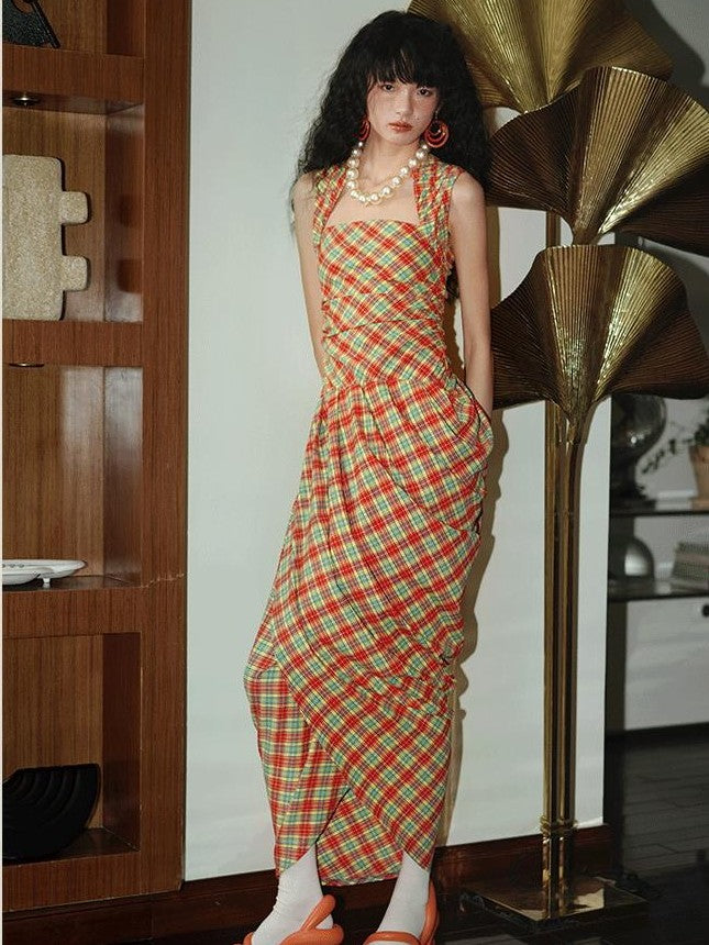 badtaste Western Plaid Tailored Pinch Pleat Asymmetrical Women's Halter Maxi Dresses