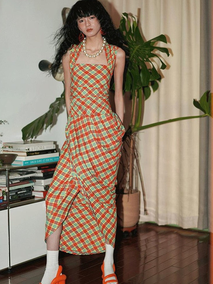 badtaste Western Plaid Tailored Pinch Pleat Asymmetrical Women's Halter Maxi Dresses
