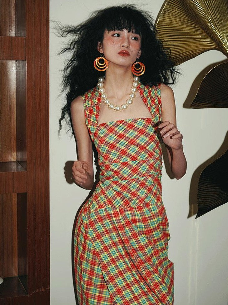 badtaste Western Plaid Tailored Pinch Pleat Asymmetrical Women's Halter Maxi Dresses