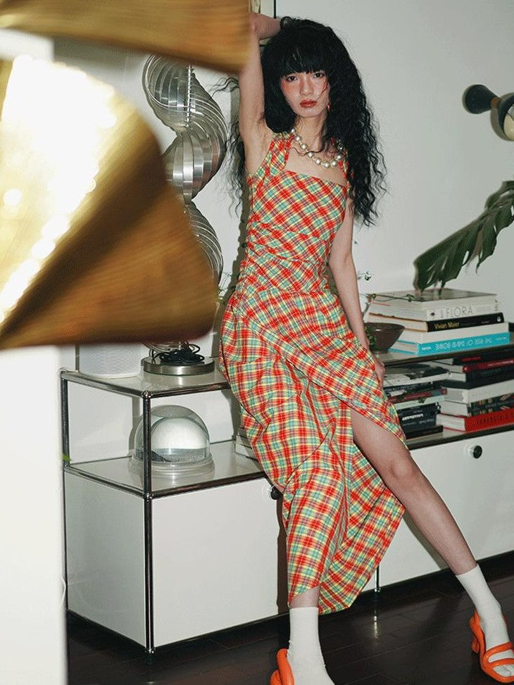 badtaste Western Plaid Tailored Pinch Pleat Asymmetrical Women's Halter Maxi Dresses