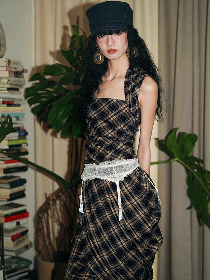 badtaste Western Plaid Tailored Pinch Pleat Asymmetrical Women's Halter Maxi Dresses