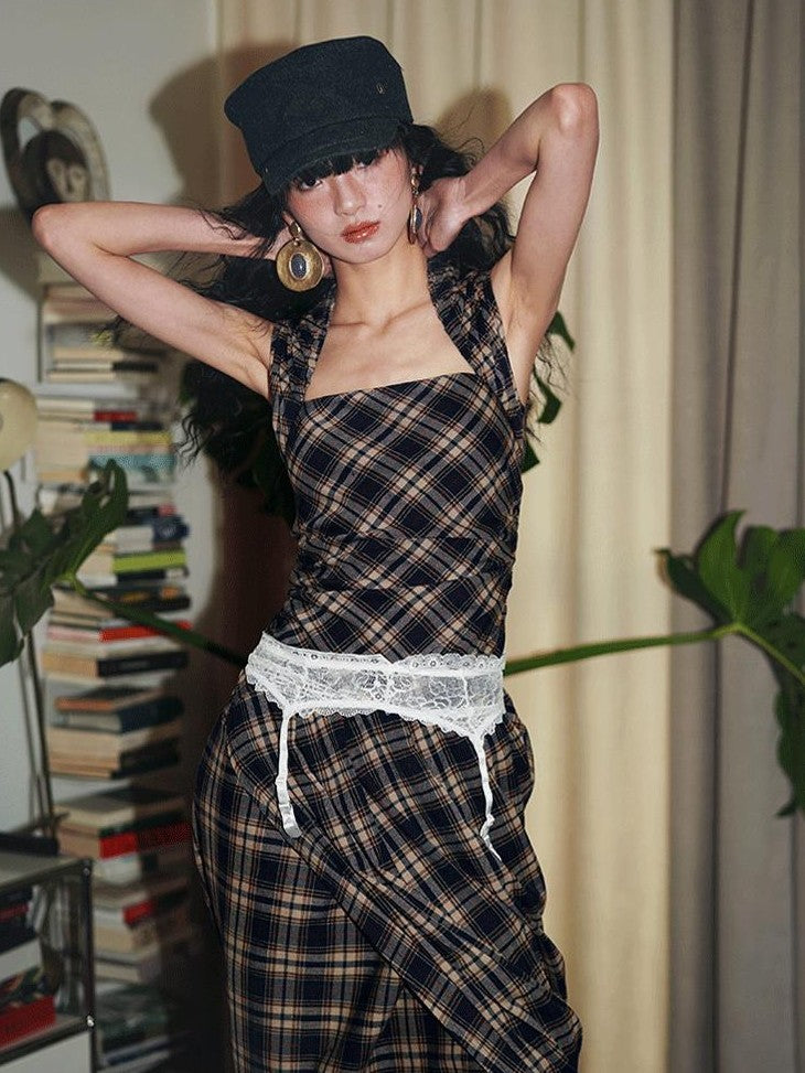 badtaste Western Plaid Tailored Pinch Pleat Asymmetrical Women's Halter Maxi Dresses