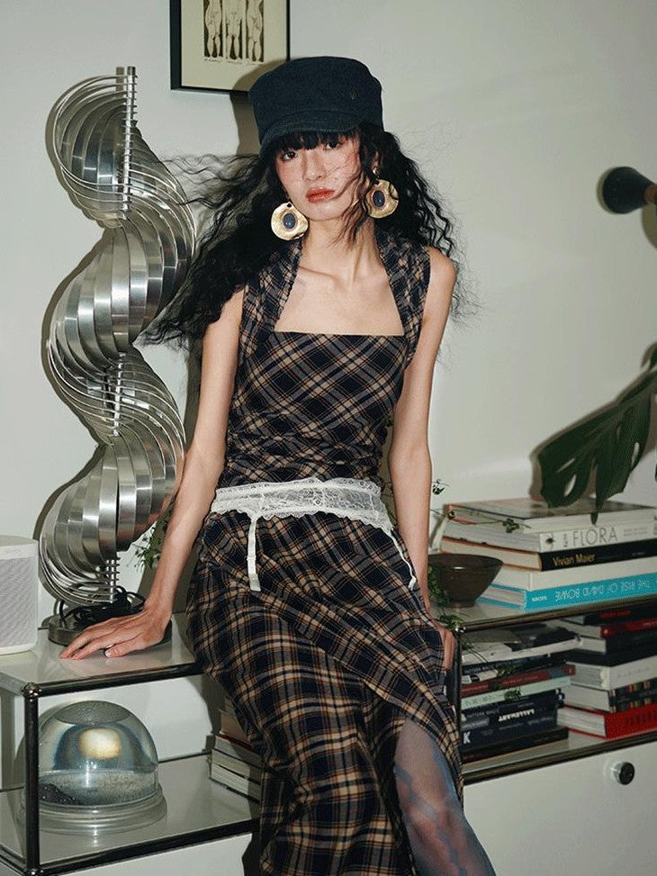 badtaste Western Plaid Tailored Pinch Pleat Asymmetrical Women's Halter Maxi Dresses