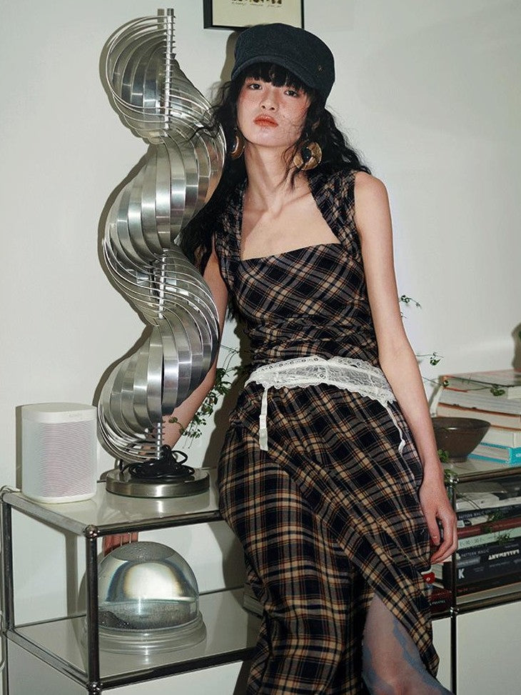 badtaste Western Plaid Tailored Pinch Pleat Asymmetrical Women's Halter Maxi Dresses