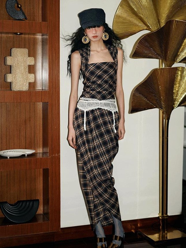 badtaste Western Plaid Tailored Pinch Pleat Asymmetrical Women's Halter Maxi Dresses