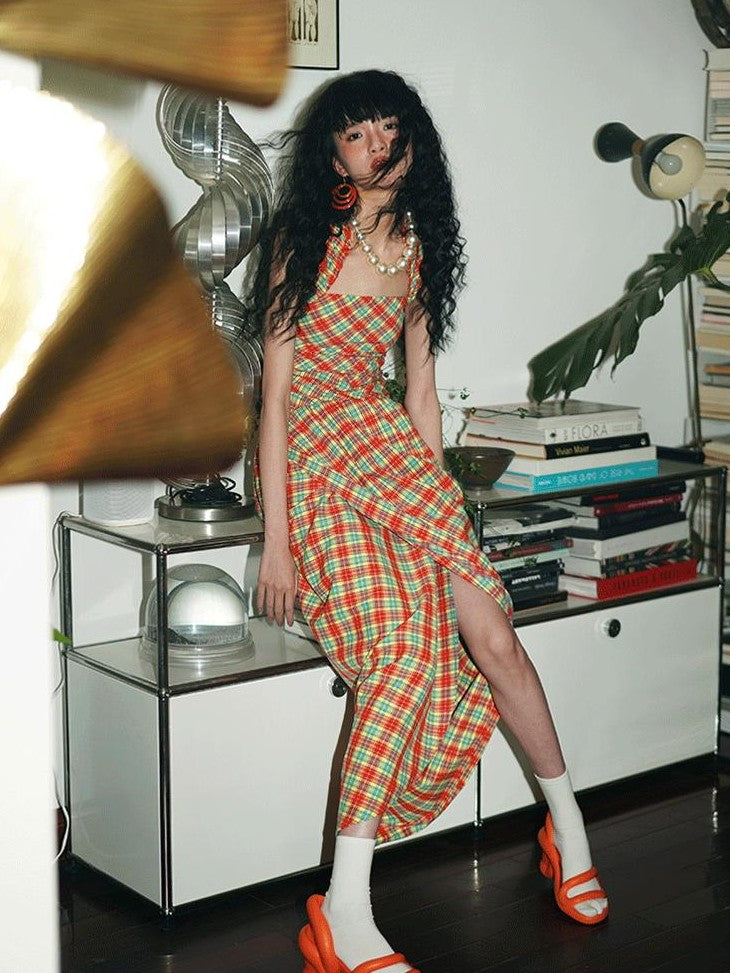 badtaste Western Plaid Tailored Pinch Pleat Asymmetrical Women's Halter Maxi Dresses