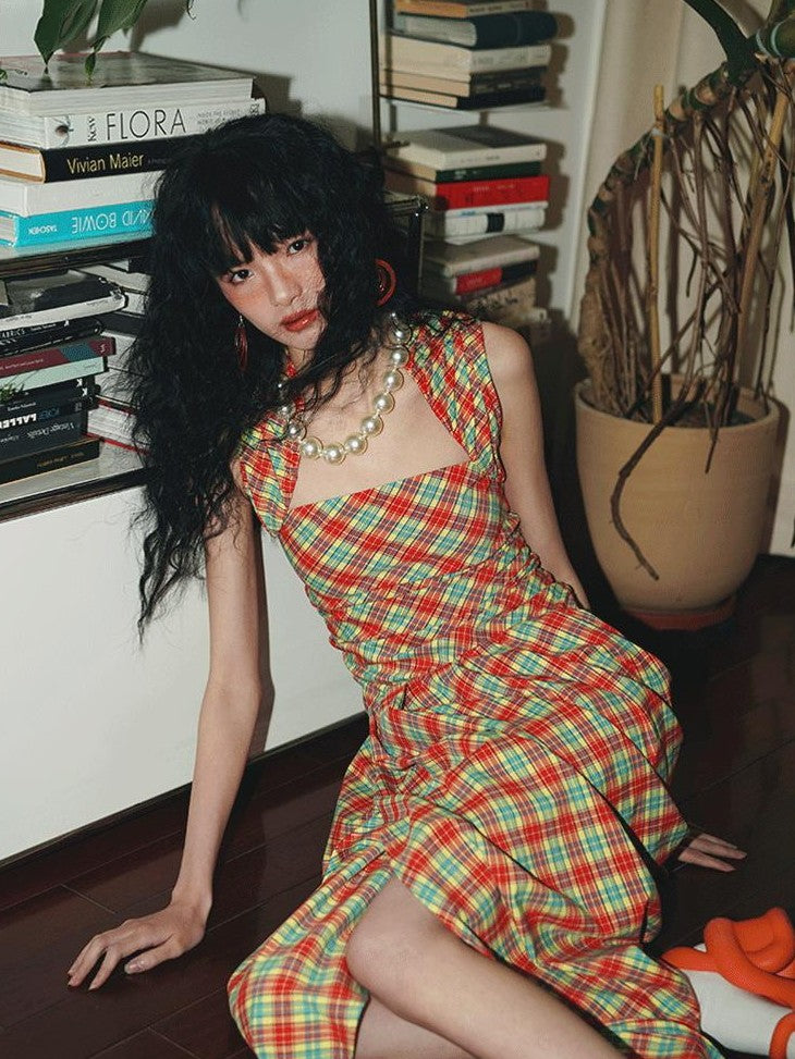 badtaste Western Plaid Tailored Pinch Pleat Asymmetrical Women's Halter Maxi Dresses
