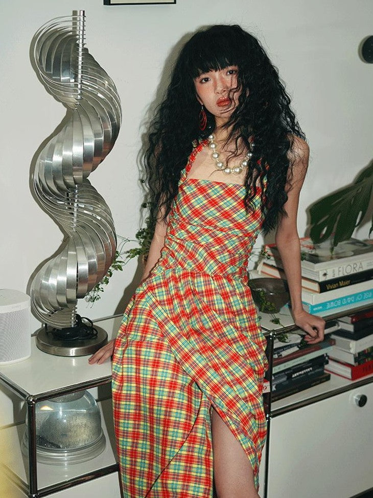 badtaste Western Plaid Tailored Pinch Pleat Asymmetrical Women's Halter Maxi Dresses